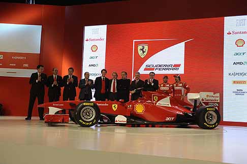 Ferrari - F150 presentation: Nikolas Tombazis, Luca Marmorini, Aldo Costa, Amedeo Felisa, John Elkann, Luca di Montezemolo, Sergio Marchionne, Piero Ferrari, Stefano Domenicali, Felipe Massa, Fernando Alonso width=