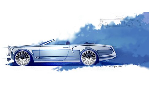 Bentley - I primi bozzetti online lasciano intuire forme fluide, generate dall'incontro tra la vocazione sportiva e l’eleganza della struttura, mentre le linee scolpite e i massicci parafanghi evocano potenza e dinamicità. width=