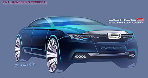 Qoros - La vettura adotta, al posto dei tradizionali specchietti retrovisori esterni, un telecamera ad alta definizione, integrata appena sotto la base di ciascun montante. width=