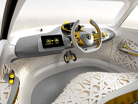 Renault - Ispirato ai nidi degli uccelli, l’interno di KWID Concept è progettato per avvolgere gli occupanti. I sedili, sospesi al di sopra di una solida base bianca, danno l’impressione di leggerezza. width=