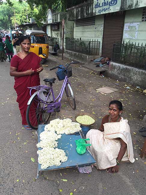 Traffico e atmosfere indiane - Suggestiva immagine di donna che vende fiori di Gelsomino. Le donne lo usano per fare le trecce da mettere tra i capelli width=