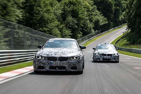 BMW - Sviluppo in pista per le vetture bavaresi BMW M3 berlina e M4 coupè, che in vista del lancio commerciale nel 2014 affina il propulsore sul circuito del Nurburgring-Nordschleife, con la collaborazione dei piloti Bruno Spengler e Timo Glock. width=